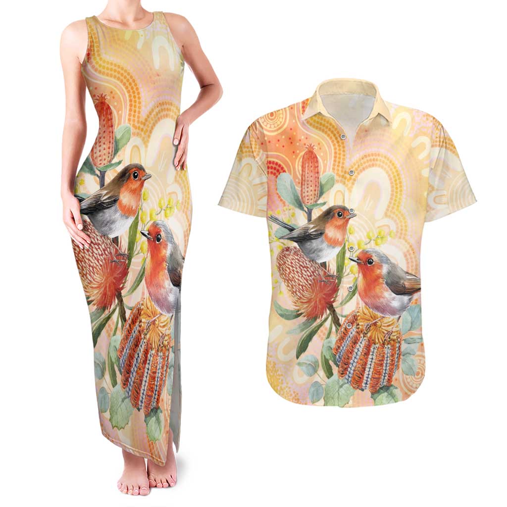 Australia Flame Robin Couples Matching Tank Maxi Dress and Hawaiian Shirt Petroica Phoenicea Banksia Indigenous Art - Aussie Hoodie