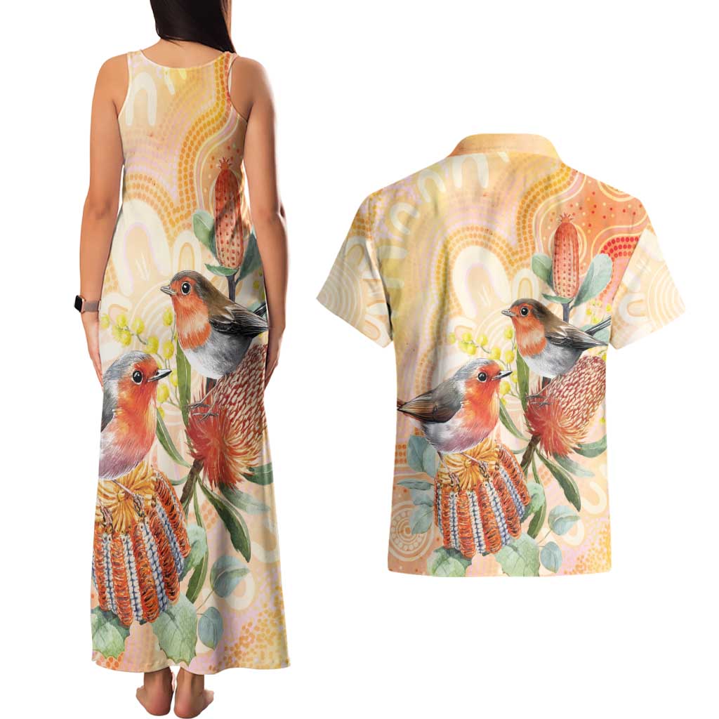 Australia Flame Robin Couples Matching Tank Maxi Dress and Hawaiian Shirt Petroica Phoenicea Banksia Indigenous Art - Aussie Hoodie