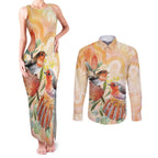 Australia Flame Robin Couples Matching Tank Maxi Dress and Long Sleeve Button Shirt Petroica Phoenicea Banksia Indigenous Art - Aussie Hoodie