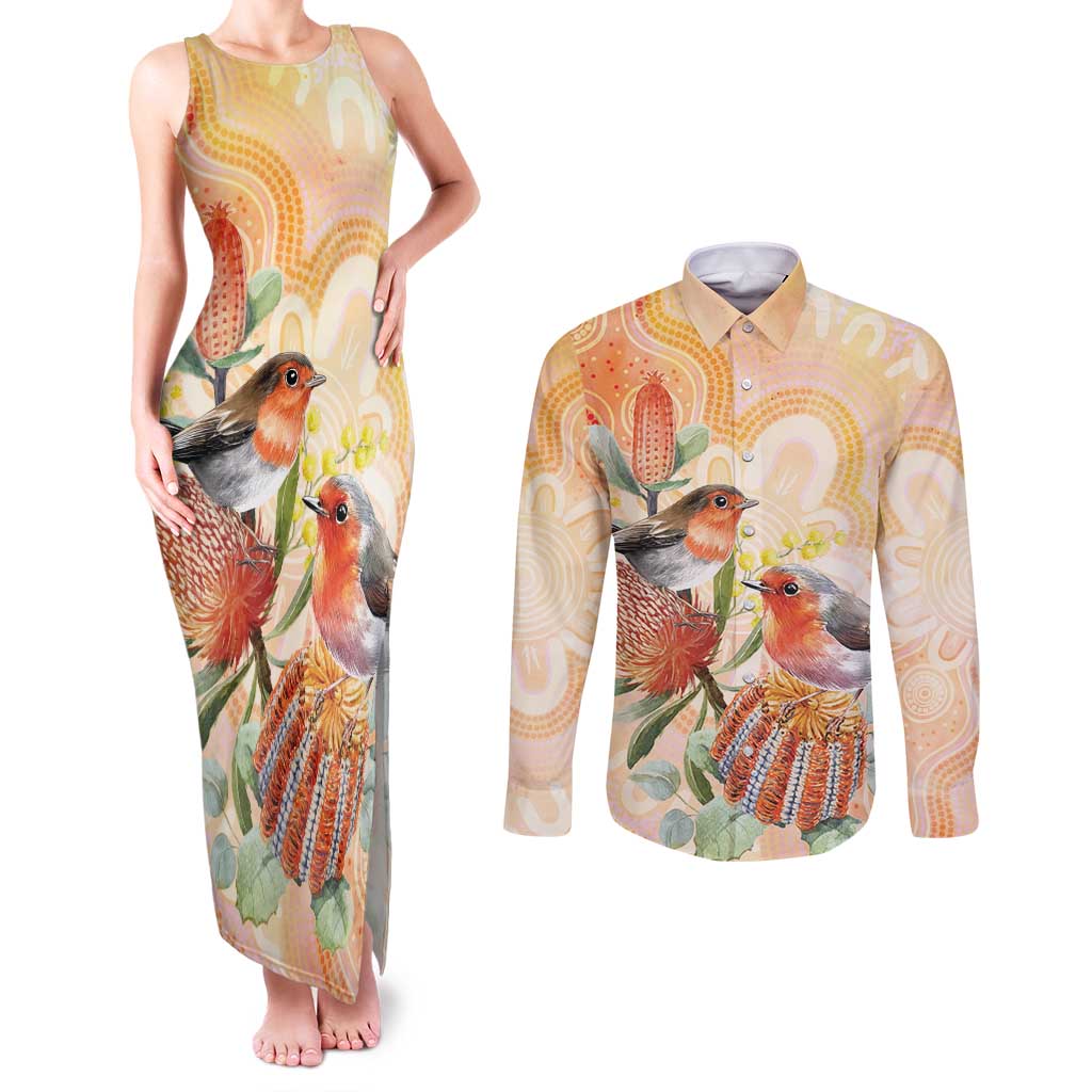 Australia Flame Robin Couples Matching Tank Maxi Dress and Long Sleeve Button Shirt Petroica Phoenicea Banksia Indigenous Art - Aussie Hoodie