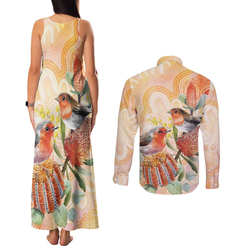 Australia Flame Robin Couples Matching Tank Maxi Dress and Long Sleeve Button Shirt Petroica Phoenicea Banksia Indigenous Art - Aussie Hoodie