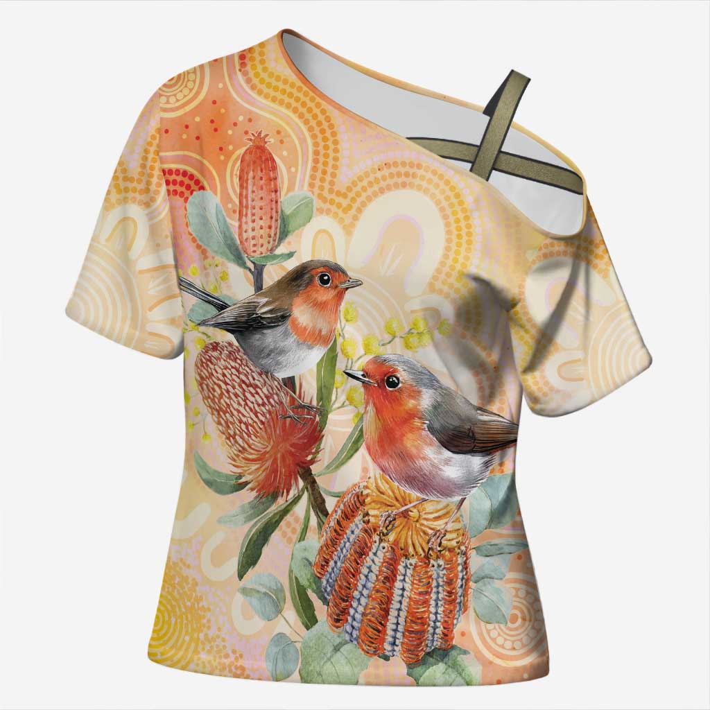 Australia Flame Robin Cross Shoulder Shirt Petroica Phoenicea Banksia Indigenous Art - Aussie Hoodie