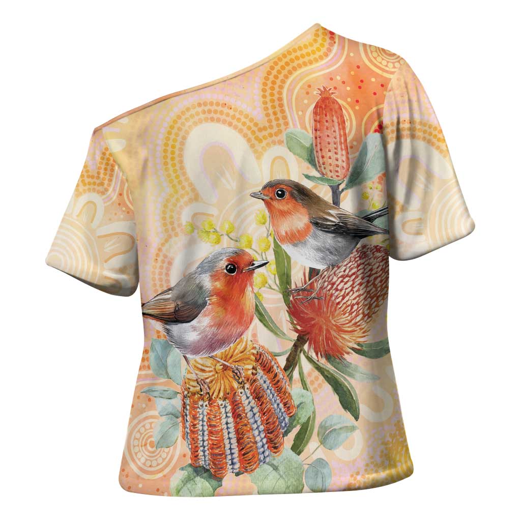 Australia Flame Robin Cross Shoulder Shirt Petroica Phoenicea Banksia Indigenous Art - Aussie Hoodie