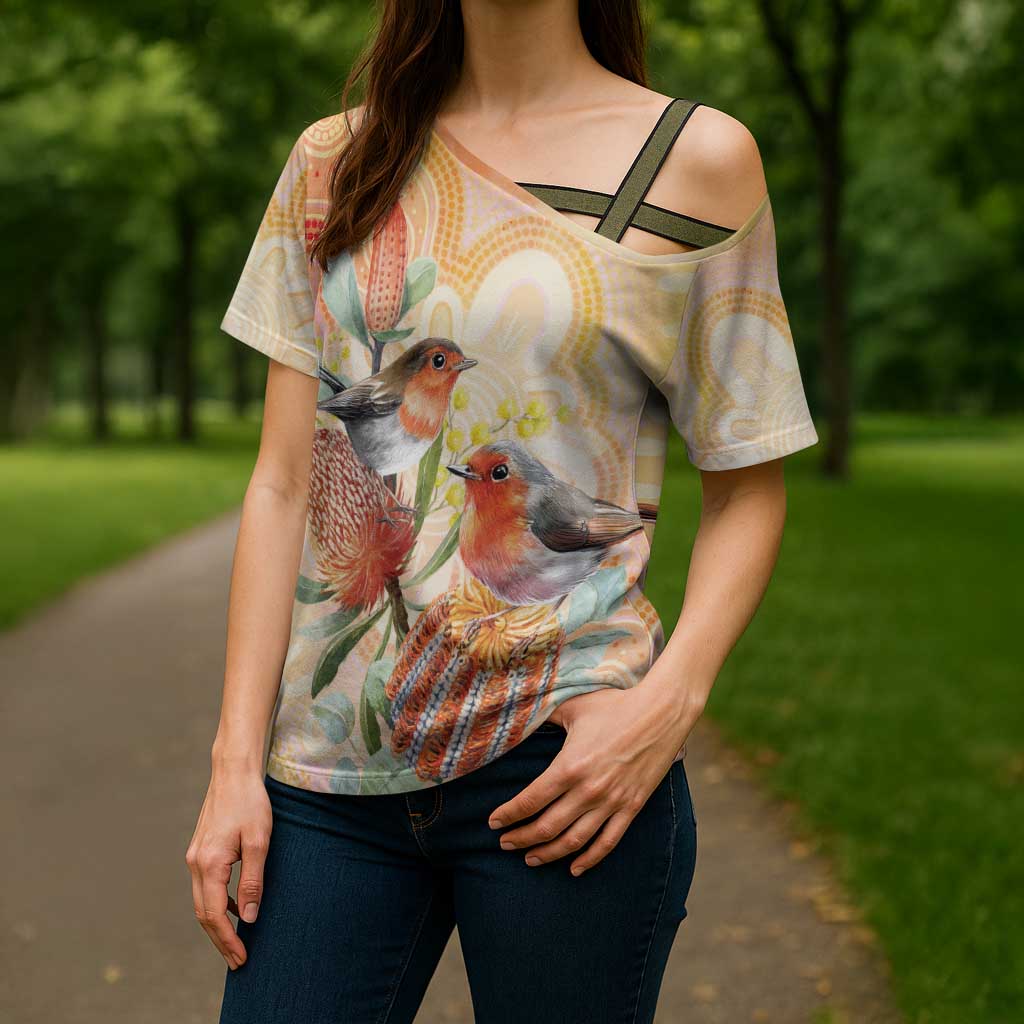Australia Flame Robin Cross Shoulder Shirt Petroica Phoenicea Banksia Indigenous Art - Aussie Hoodie