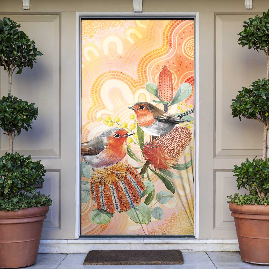 Australia Flame Robin Door Cover Petroica Phoenicea Banksia Indigenous Art - Aussie Hoodie