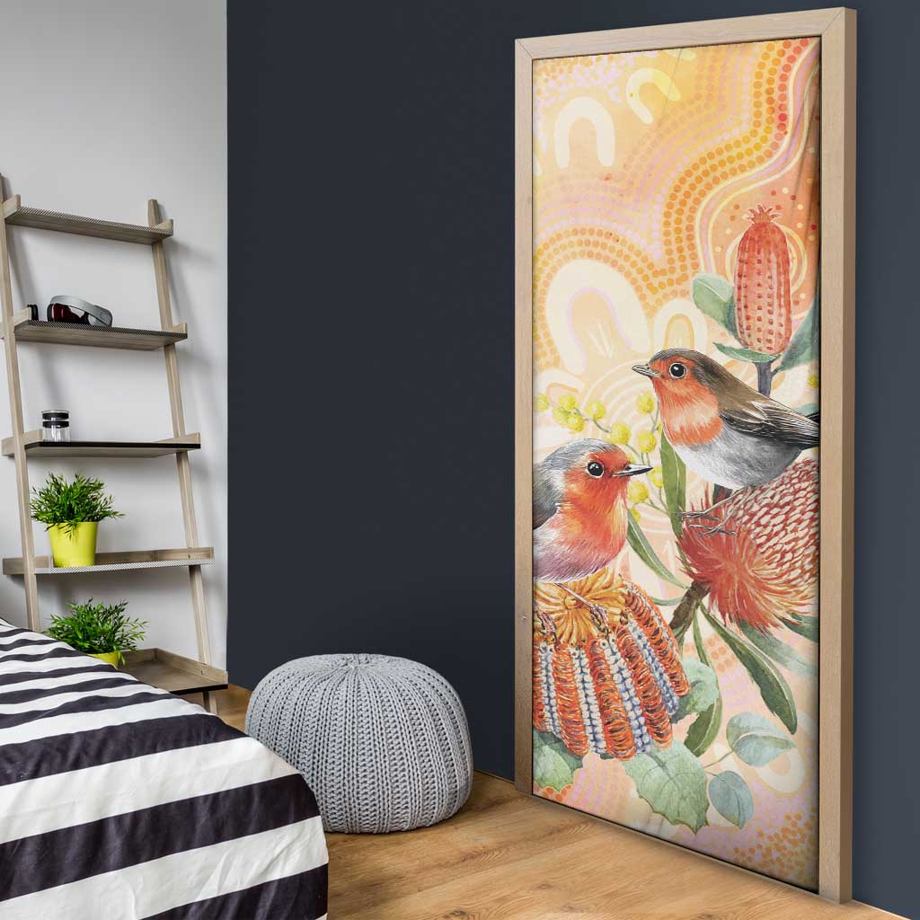 Australia Flame Robin Door Cover Petroica Phoenicea Banksia Indigenous Art - Aussie Hoodie