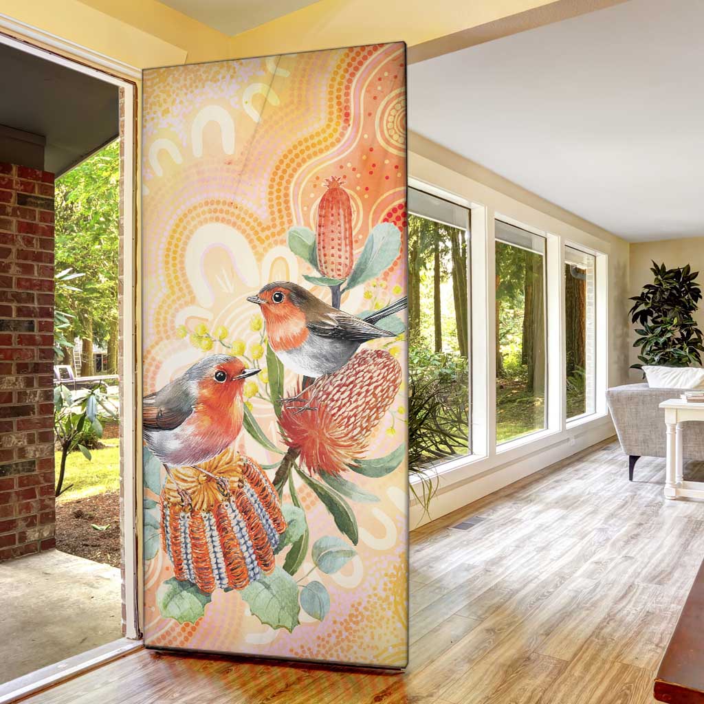 Australia Flame Robin Door Cover Petroica Phoenicea Banksia Indigenous Art - Aussie Hoodie