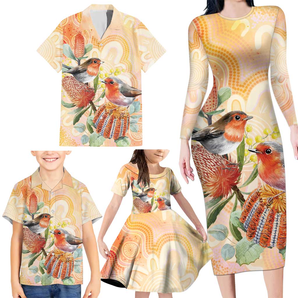 Australia Flame Robin Family Matching Long Sleeve Bodycon Dress and Hawaiian Shirt Petroica Phoenicea Banksia Indigenous Art - Aussie Hoodie