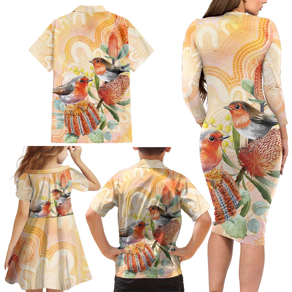Australia Flame Robin Family Matching Long Sleeve Bodycon Dress and Hawaiian Shirt Petroica Phoenicea Banksia Indigenous Art - Aussie Hoodie