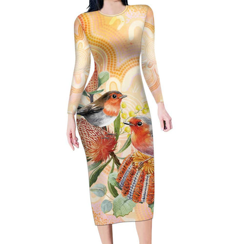 Australia Flame Robin Family Matching Long Sleeve Bodycon Dress and Hawaiian Shirt Petroica Phoenicea Banksia Indigenous Art - Aussie Hoodie