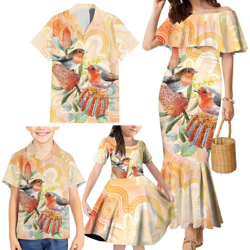 Australia Flame Robin Family Matching Mermaid Dress and Hawaiian Shirt Petroica Phoenicea Banksia Indigenous Art - Aussie Hoodie