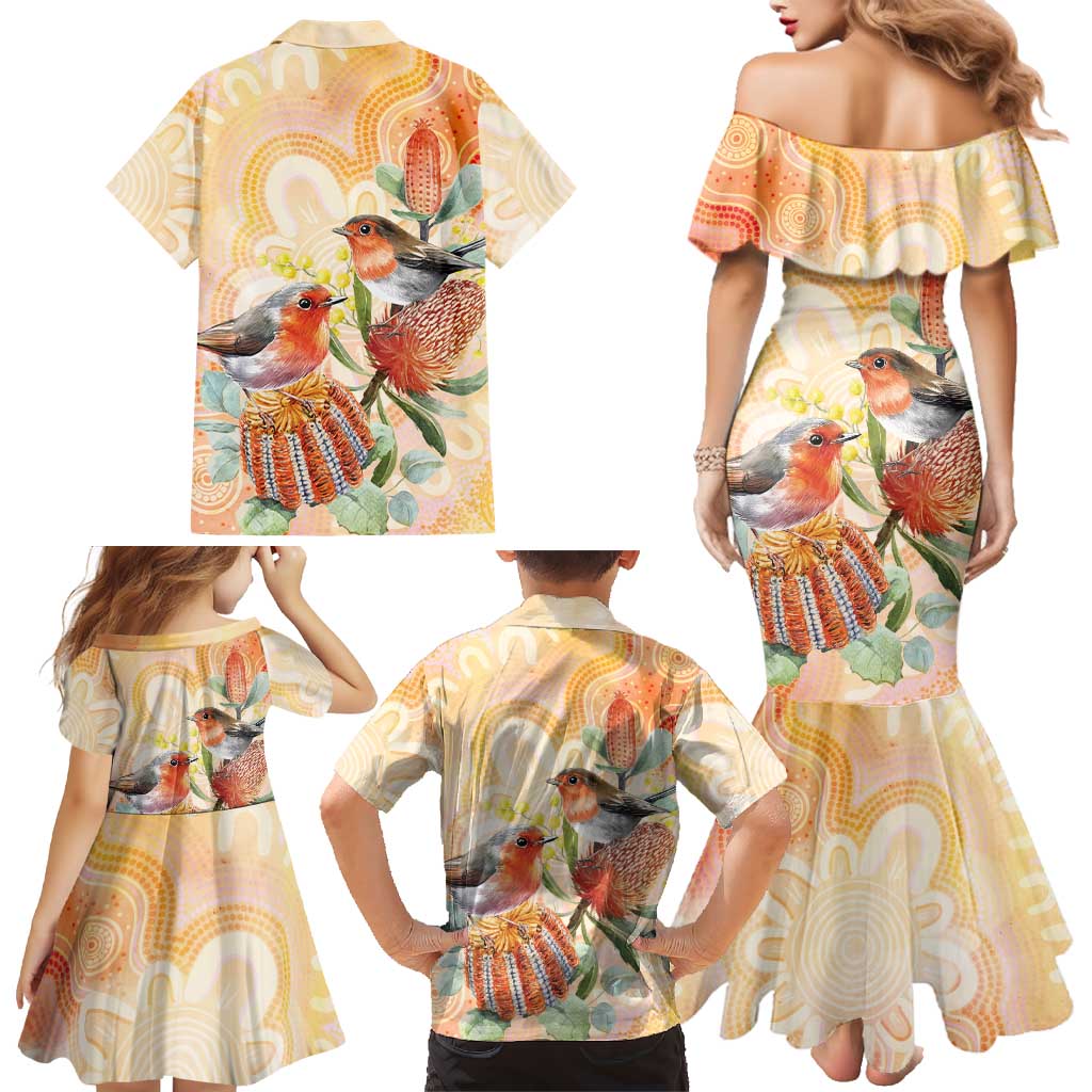Australia Flame Robin Family Matching Mermaid Dress and Hawaiian Shirt Petroica Phoenicea Banksia Indigenous Art - Aussie Hoodie