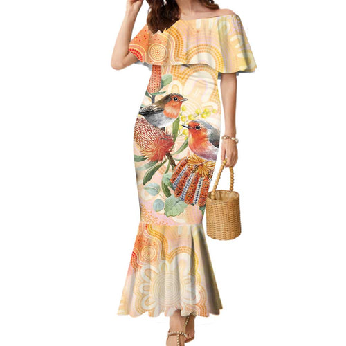 Australia Flame Robin Family Matching Mermaid Dress and Hawaiian Shirt Petroica Phoenicea Banksia Indigenous Art - Aussie Hoodie