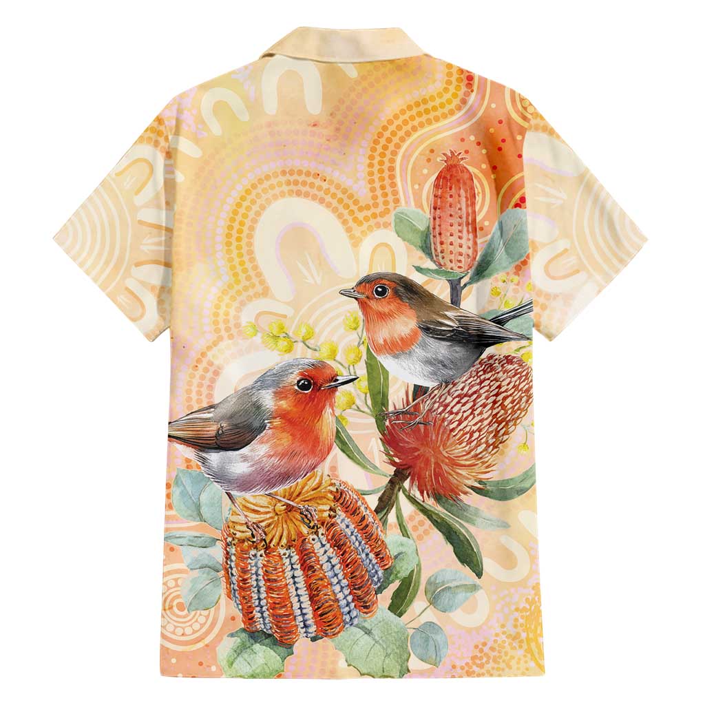Australia Flame Robin Family Matching Off The Shoulder Long Sleeve Dress and Hawaiian Shirt Petroica Phoenicea Banksia Indigenous Art - Aussie Hoodie