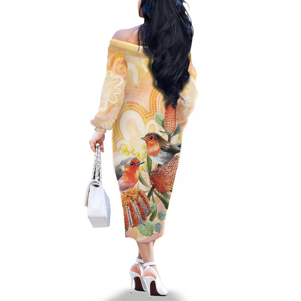 Australia Flame Robin Family Matching Off The Shoulder Long Sleeve Dress and Hawaiian Shirt Petroica Phoenicea Banksia Indigenous Art - Aussie Hoodie