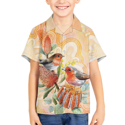 Australia Flame Robin Family Matching Off The Shoulder Long Sleeve Dress and Hawaiian Shirt Petroica Phoenicea Banksia Indigenous Art - Aussie Hoodie