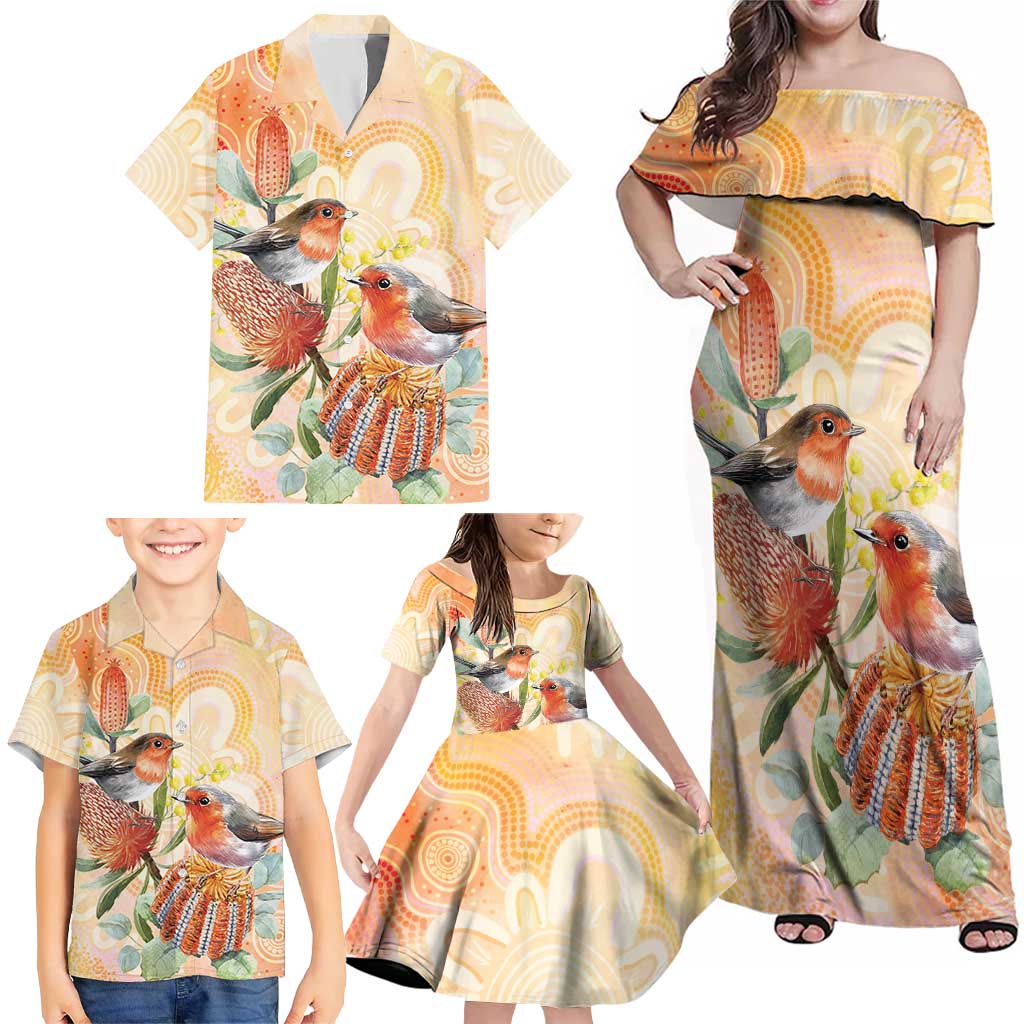 Australia Flame Robin Family Matching Off Shoulder Maxi Dress and Hawaiian Shirt Petroica Phoenicea Banksia Indigenous Art - Aussie Hoodie
