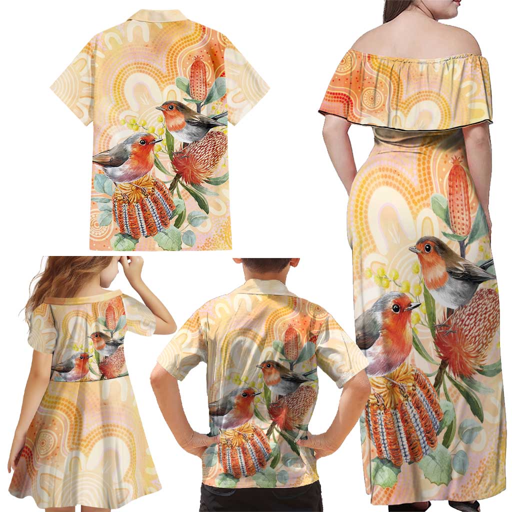 Australia Flame Robin Family Matching Off Shoulder Maxi Dress and Hawaiian Shirt Petroica Phoenicea Banksia Indigenous Art - Aussie Hoodie