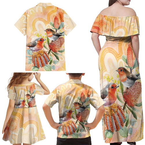 Australia Flame Robin Family Matching Off Shoulder Maxi Dress and Hawaiian Shirt Petroica Phoenicea Banksia Indigenous Art - Aussie Hoodie