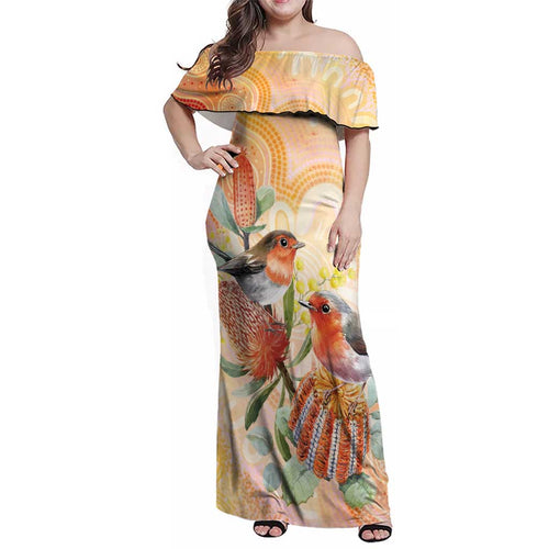 Australia Flame Robin Family Matching Off Shoulder Maxi Dress and Hawaiian Shirt Petroica Phoenicea Banksia Indigenous Art - Aussie Hoodie