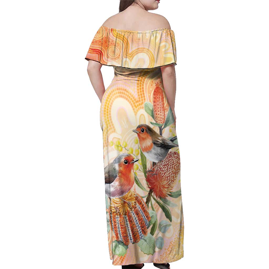 Australia Flame Robin Family Matching Off Shoulder Maxi Dress and Hawaiian Shirt Petroica Phoenicea Banksia Indigenous Art - Aussie Hoodie