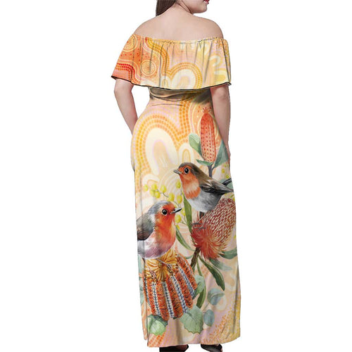 Australia Flame Robin Family Matching Off Shoulder Maxi Dress and Hawaiian Shirt Petroica Phoenicea Banksia Indigenous Art - Aussie Hoodie