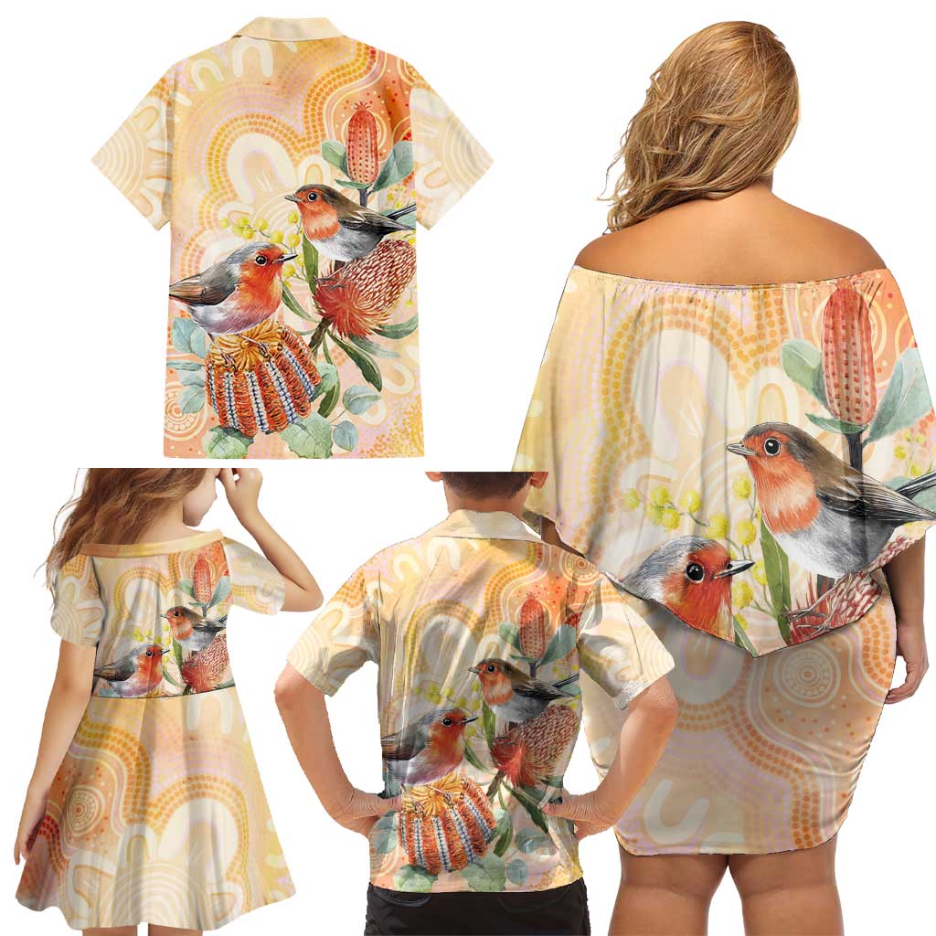 Australia Flame Robin Family Matching Off Shoulder Short Dress and Hawaiian Shirt Petroica Phoenicea Banksia Indigenous Art - Aussie Hoodie