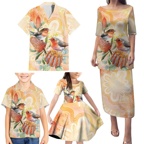 Australia Flame Robin Family Matching Puletasi and Hawaiian Shirt Petroica Phoenicea Banksia Indigenous Art - Aussie Hoodie