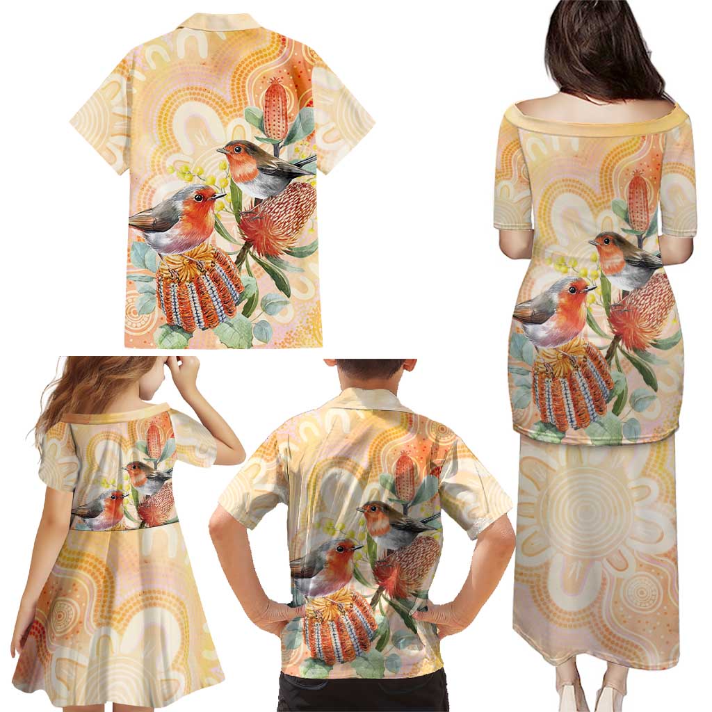 Australia Flame Robin Family Matching Puletasi and Hawaiian Shirt Petroica Phoenicea Banksia Indigenous Art - Aussie Hoodie