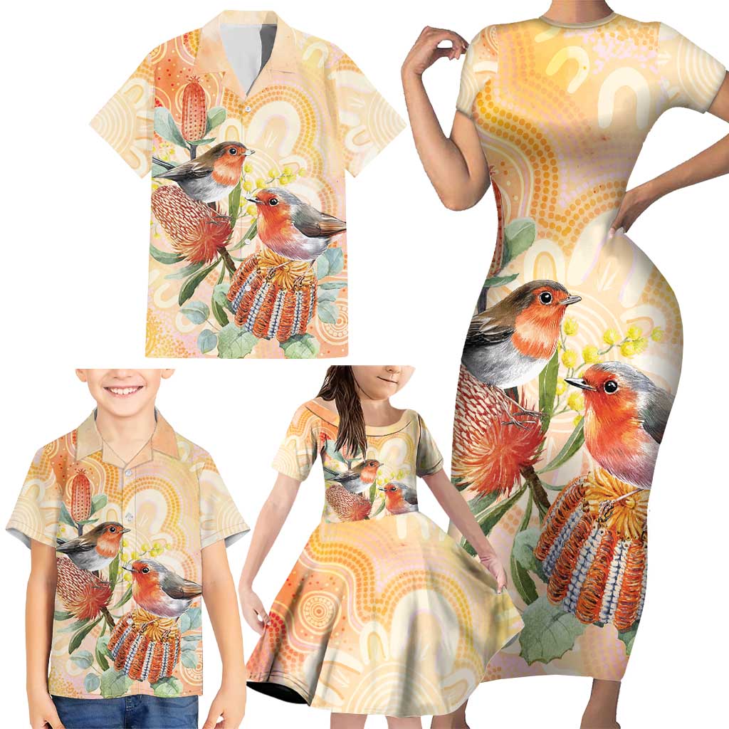 Australia Flame Robin Family Matching Short Sleeve Bodycon Dress and Hawaiian Shirt Petroica Phoenicea Banksia Indigenous Art - Aussie Hoodie
