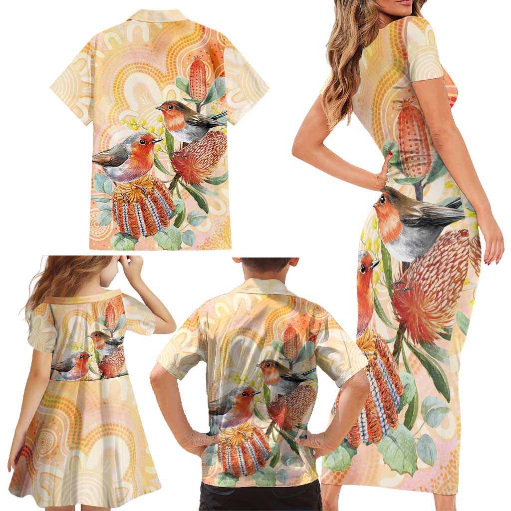 Australia Flame Robin Family Matching Short Sleeve Bodycon Dress and Hawaiian Shirt Petroica Phoenicea Banksia Indigenous Art - Aussie Hoodie