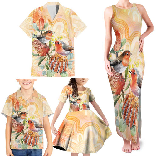 Australia Flame Robin Family Matching Tank Maxi Dress and Hawaiian Shirt Petroica Phoenicea Banksia Indigenous Art - Aussie Hoodie