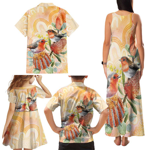 Australia Flame Robin Family Matching Tank Maxi Dress and Hawaiian Shirt Petroica Phoenicea Banksia Indigenous Art - Aussie Hoodie