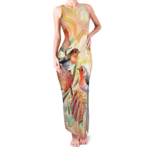 Australia Flame Robin Family Matching Tank Maxi Dress and Hawaiian Shirt Petroica Phoenicea Banksia Indigenous Art - Aussie Hoodie