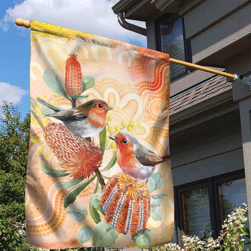 Australia Flame Robin Garden Flag Petroica Phoenicea Banksia Indigenous Art - Aussie Hoodie