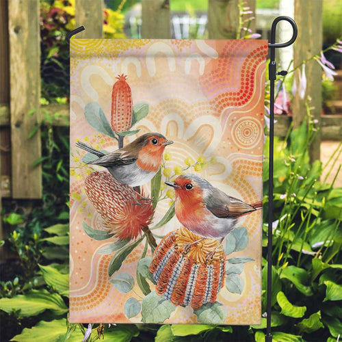 Australia Flame Robin Garden Flag Petroica Phoenicea Banksia Indigenous Art - Aussie Hoodie