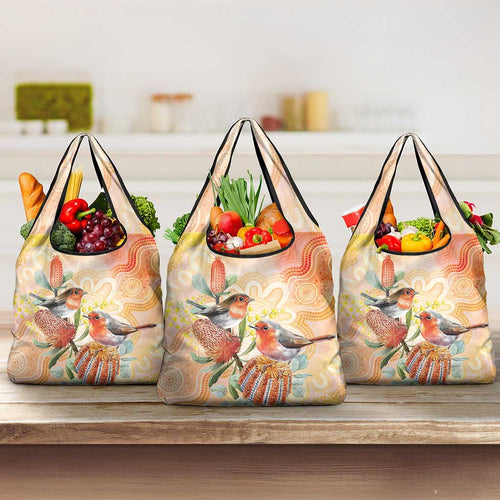 Australia Flame Robin Grocery Bag Petroica Phoenicea Banksia Indigenous Art - Aussie Hoodie