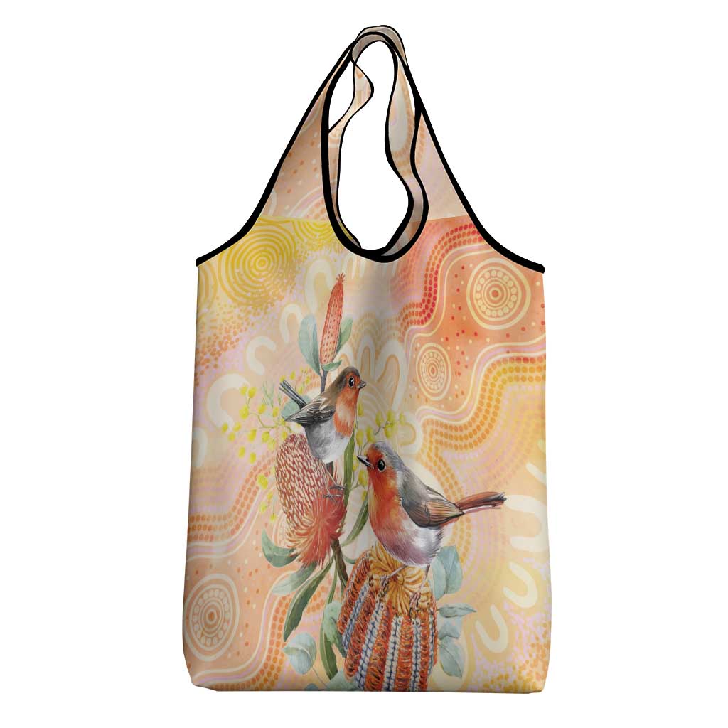 Australia Flame Robin Grocery Bag Petroica Phoenicea Banksia Indigenous Art - Aussie Hoodie