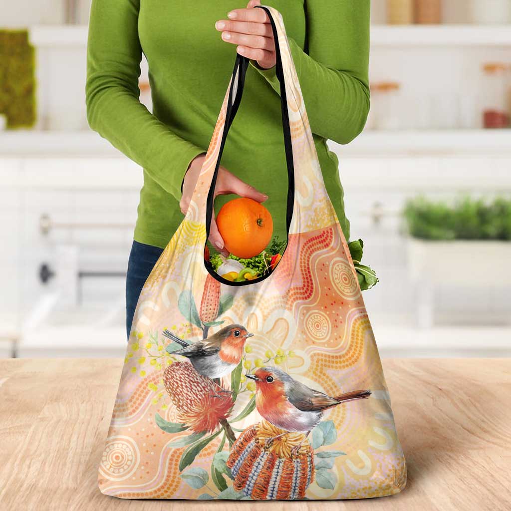 Australia Flame Robin Grocery Bag Petroica Phoenicea Banksia Indigenous Art - Aussie Hoodie