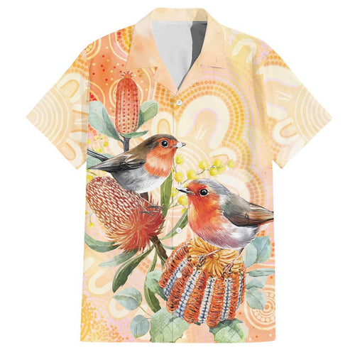 Australia Flame Robin Hawaiian Shirt Petroica Phoenicea Banksia Indigenous Art - Aussie Hoodie