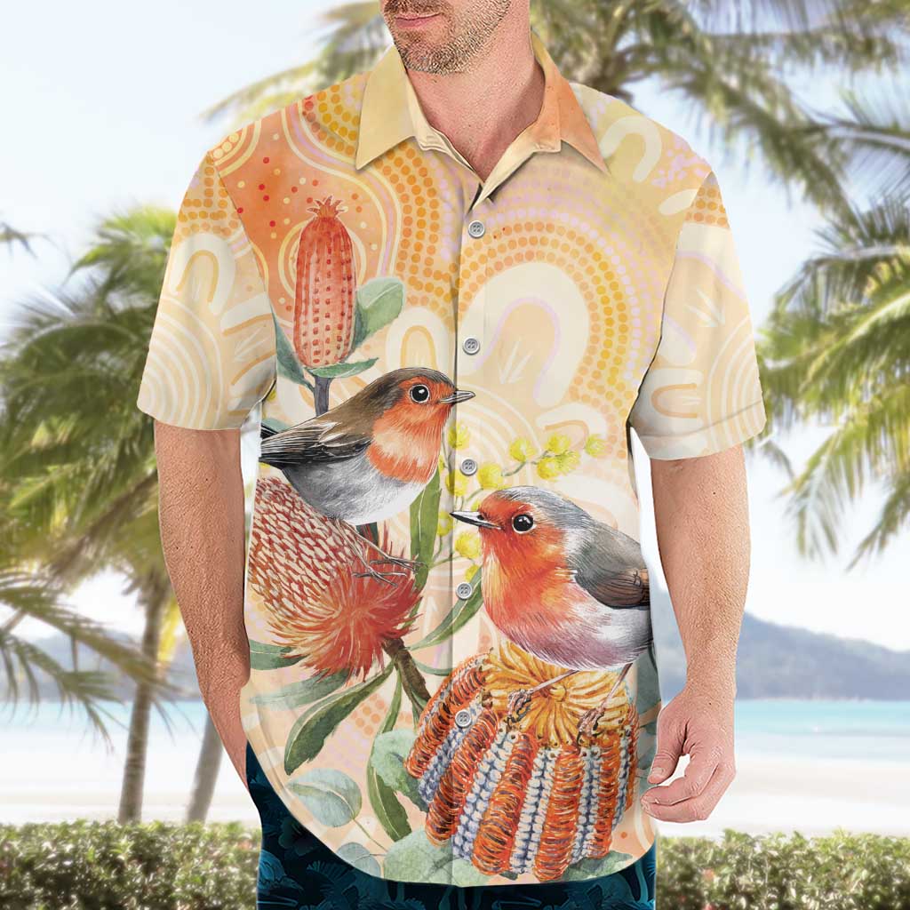Australia Flame Robin Hawaiian Shirt Petroica Phoenicea Banksia Indigenous Art - Aussie Hoodie