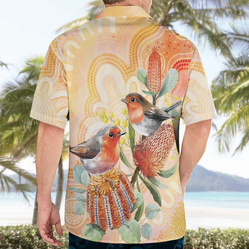 Australia Flame Robin Hawaiian Shirt Petroica Phoenicea Banksia Indigenous Art - Aussie Hoodie