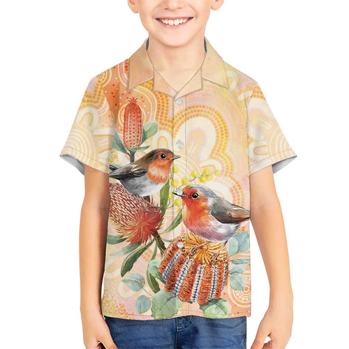 Australia Flame Robin Hawaiian Shirt Petroica Phoenicea Banksia Indigenous Art - Aussie Hoodie