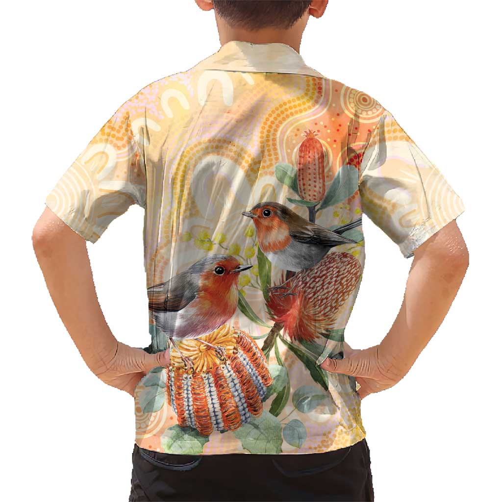 Australia Flame Robin Hawaiian Shirt Petroica Phoenicea Banksia Indigenous Art - Aussie Hoodie