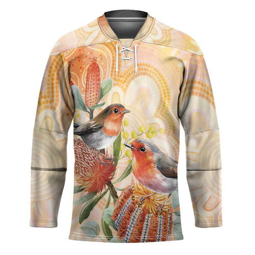 Australia Flame Robin Hockey Jersey Petroica Phoenicea Banksia Indigenous Art - Aussie Hoodie