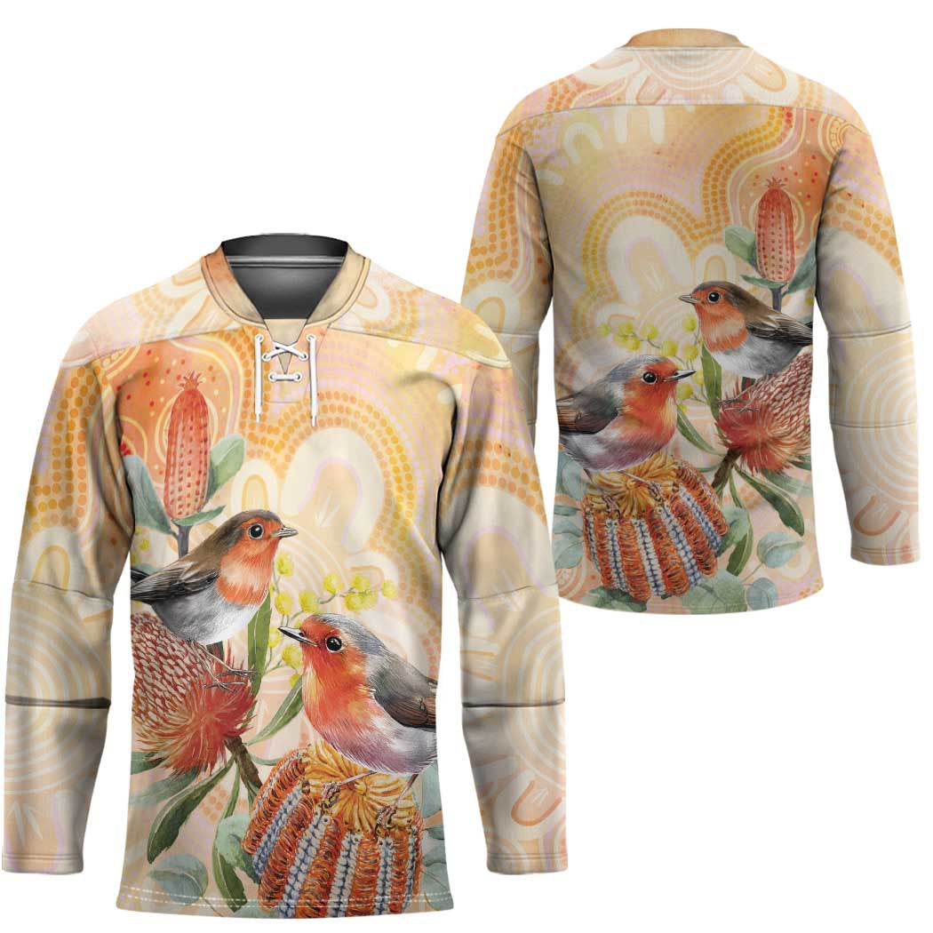 Australia Flame Robin Hockey Jersey Petroica Phoenicea Banksia Indigenous Art - Aussie Hoodie