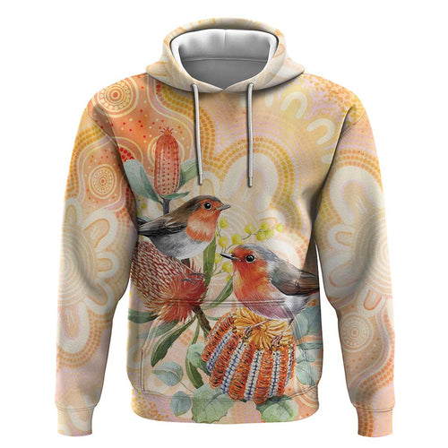 Australia Flame Robin Hoodie Petroica Phoenicea Banksia Indigenous Art - Aussie Hoodie