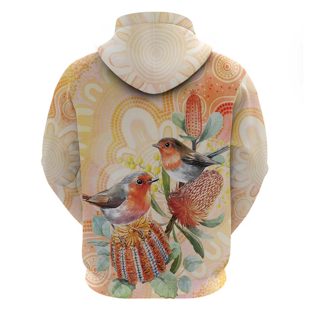 Australia Flame Robin Hoodie Petroica Phoenicea Banksia Indigenous Art - Aussie Hoodie