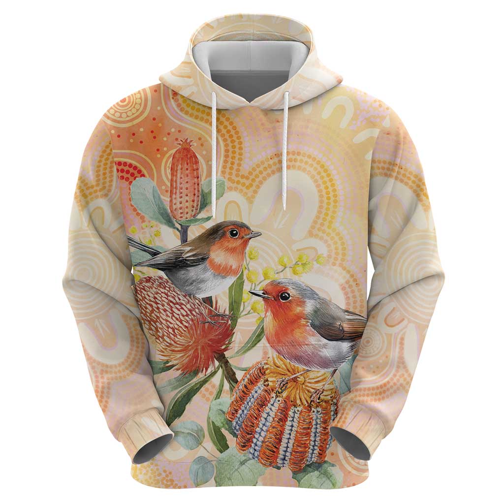 Australia Flame Robin Hoodie Petroica Phoenicea Banksia Indigenous Art - Aussie Hoodie