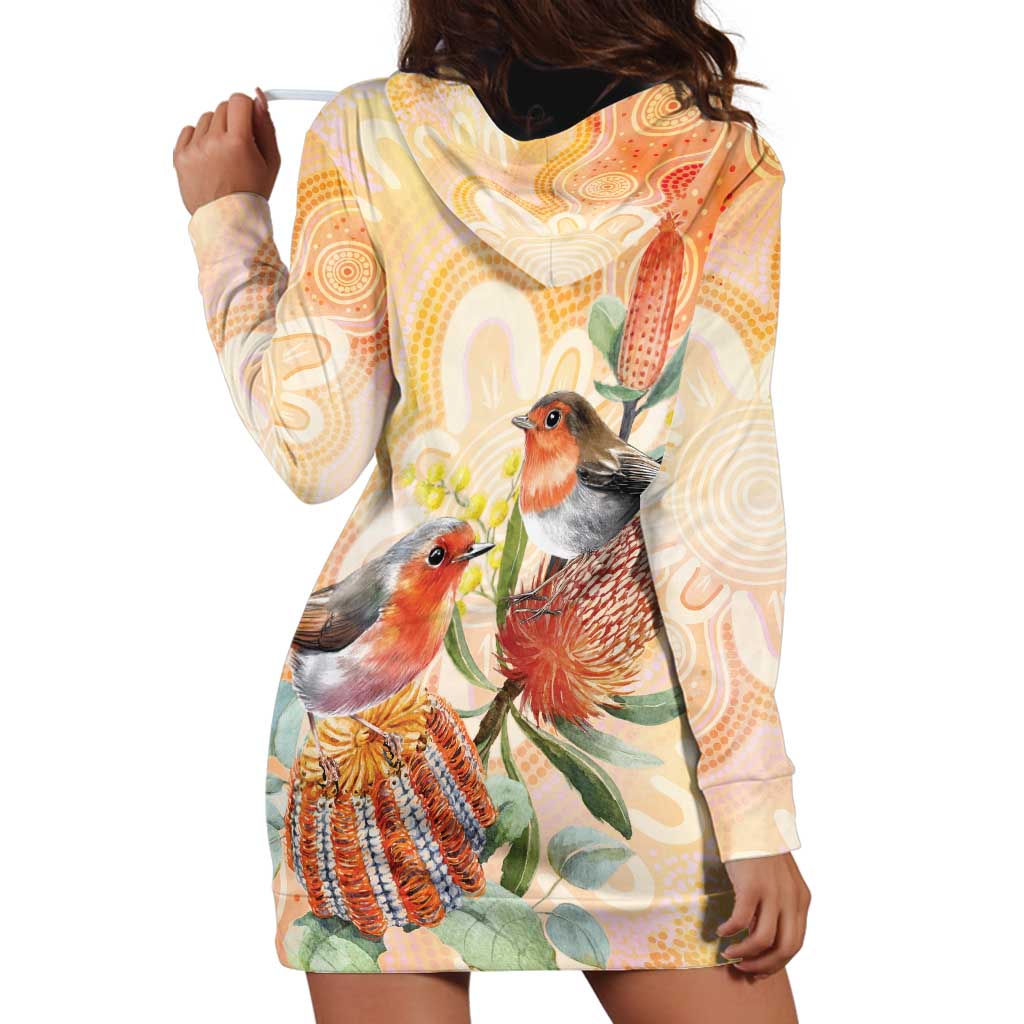 Australia Flame Robin Hoodie Dress Petroica Phoenicea Banksia Indigenous Art - Aussie Hoodie